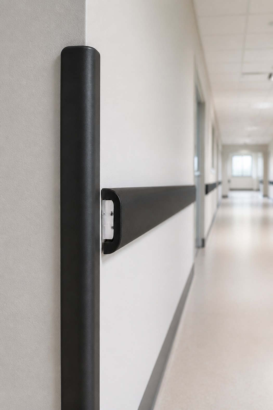 Rubber guard rail and corner guard detail in a corridor