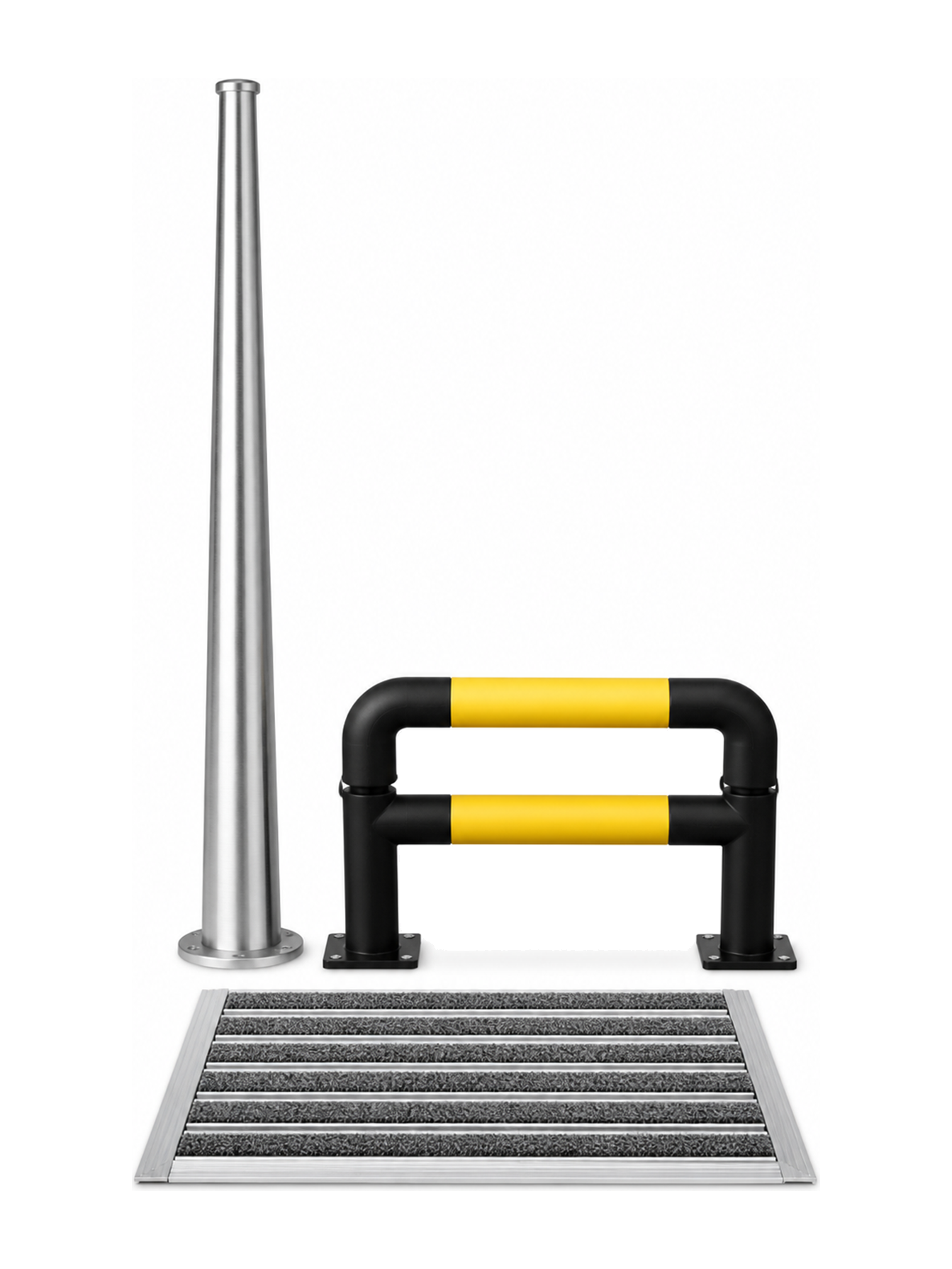 Aluminium flag pole, rubber guard rail, and recessed entrance matting