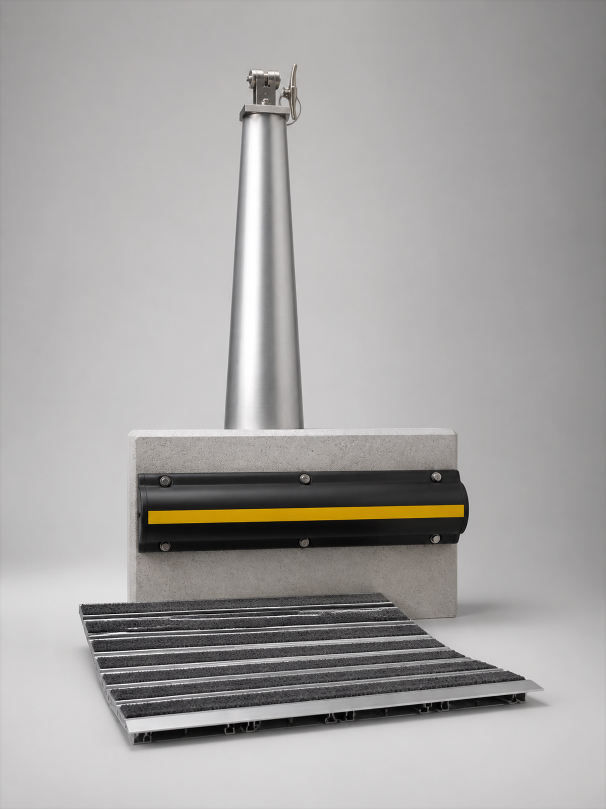 Aluminium flag pole, rubber guard rail, and recessed entrance matting