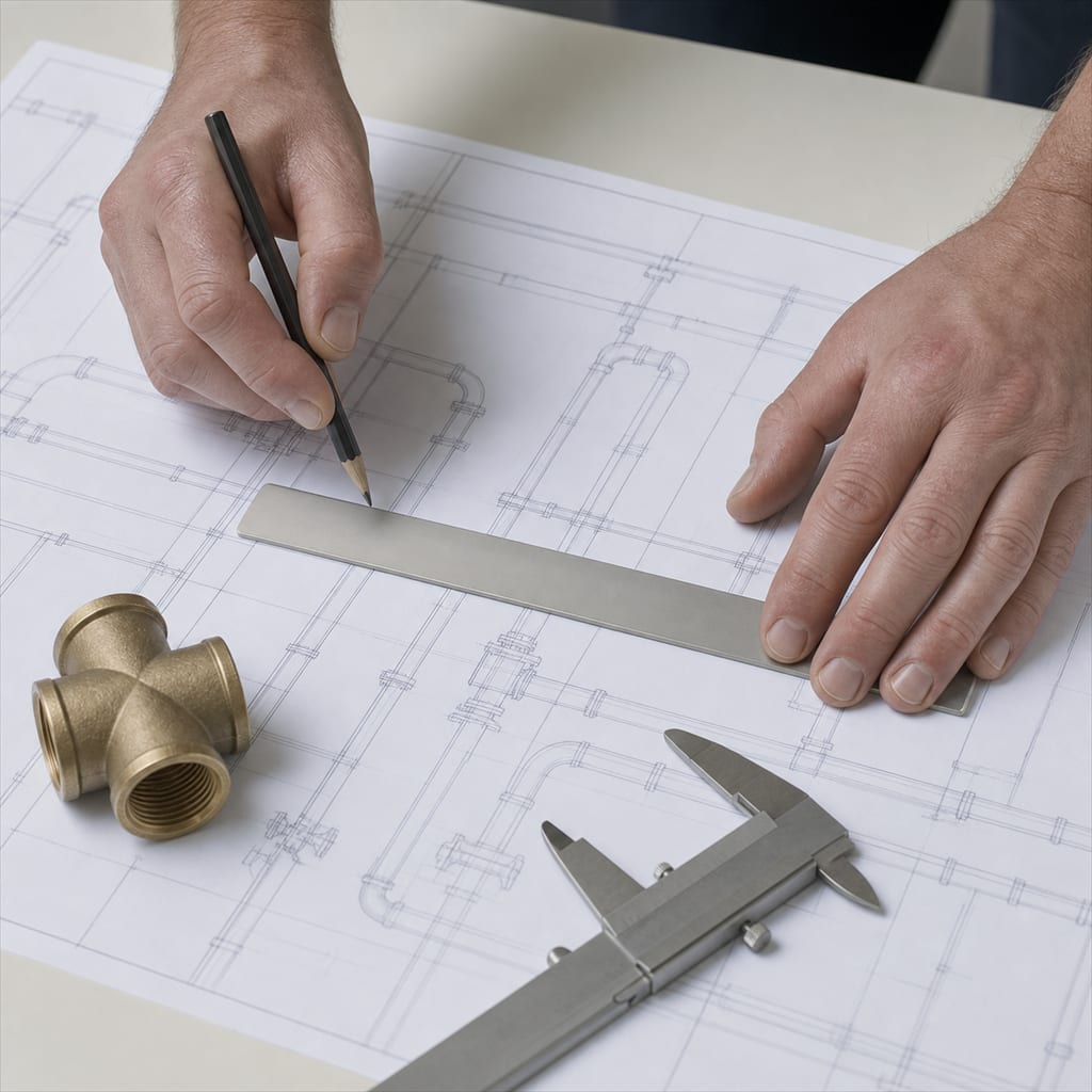 An engineer marking up a piping layout drawing with a pencil and steel scale rule, a brass cross fitting and calipers resting on the sheet