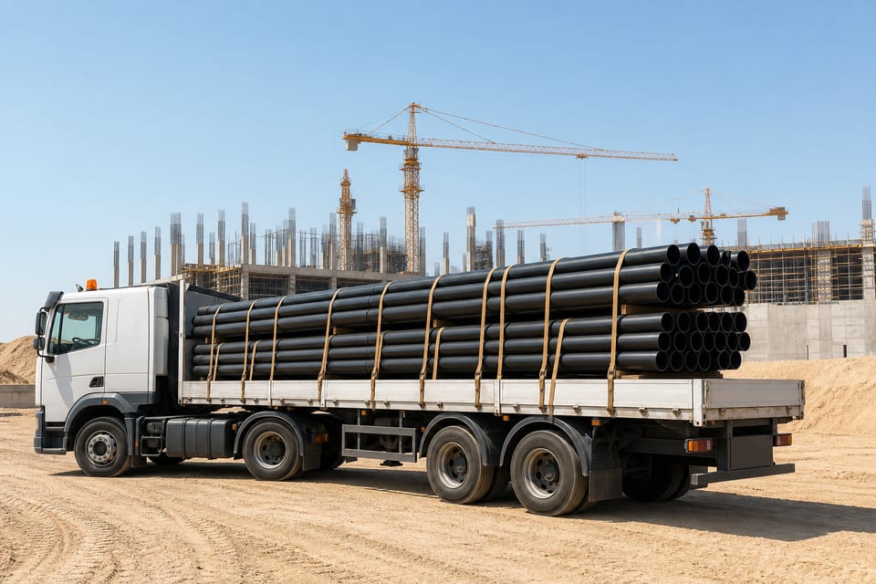 Flatbed truck delivering strapped HDPE pipe bundles to a Kuwait construction site