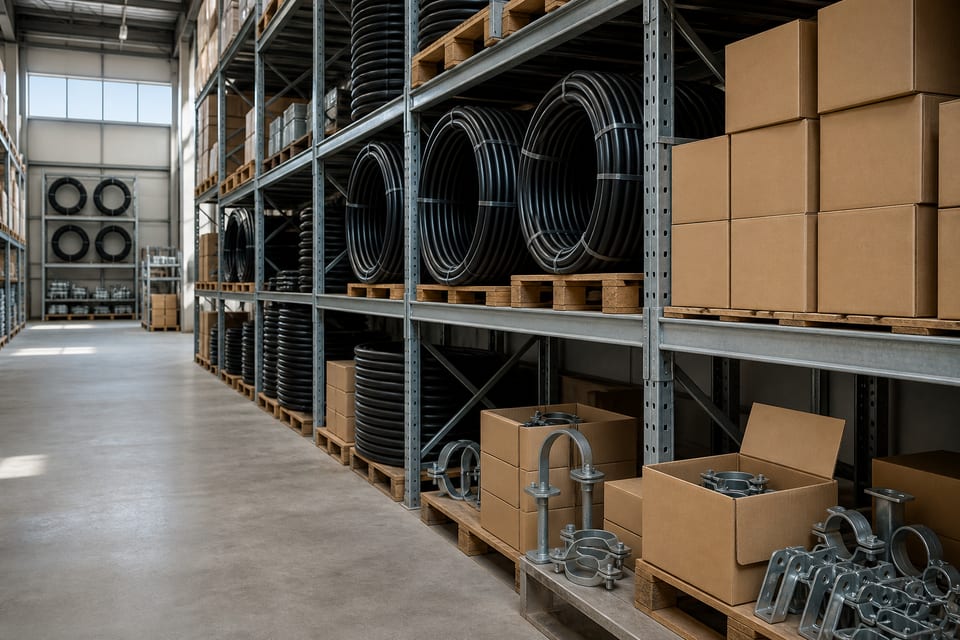 Warehouse racking stocked with HDPE pipe coils and boxed pipe supports