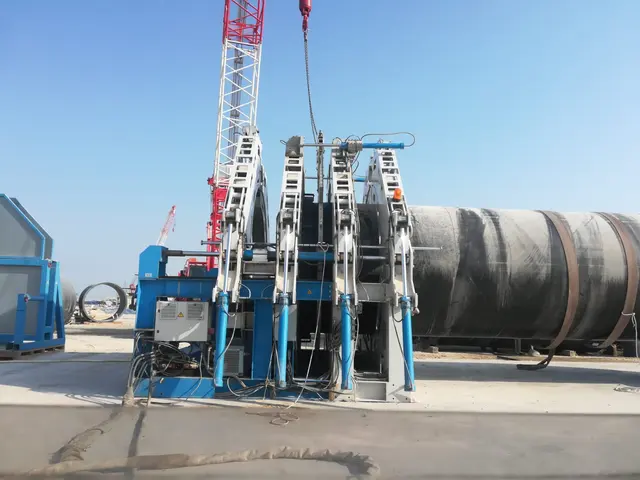 Large-diameter HDPE pipe clamped in a butt-fusion welding machine on a Kuwait project site
