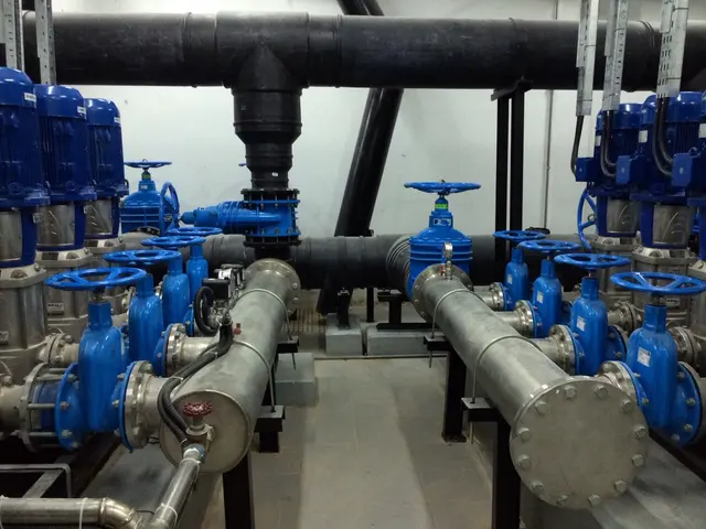 HDPE header with stainless strainers and gate valves in a Kuwait pump room
