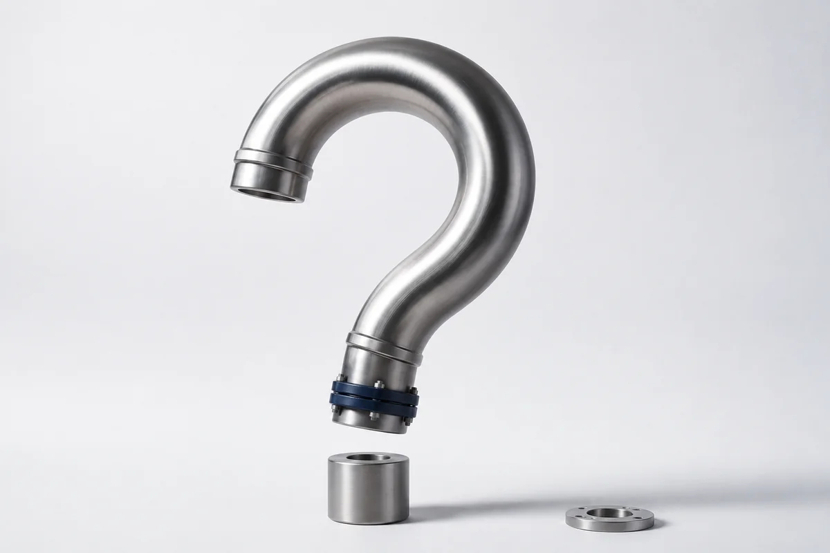 Concept sculpture of a question mark made from brushed steel piping with a navy coupling