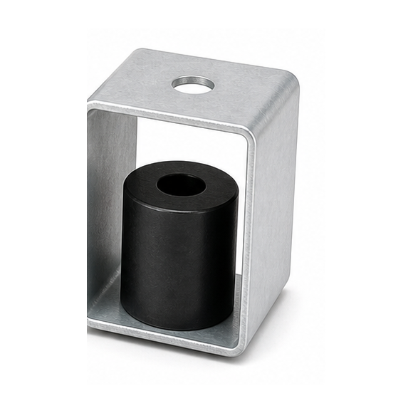 FCU rubber hanger vibration isolator — moulded elastomer element inside a steel bracket for hanger-rod mounting