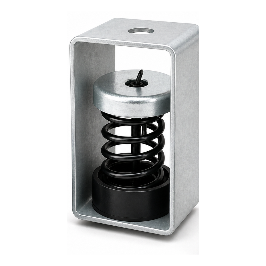 FCU spring hanger vibration isolator — colour-coded steel spring in series with an elastomer element inside a welded bracket, 25 mm deflection