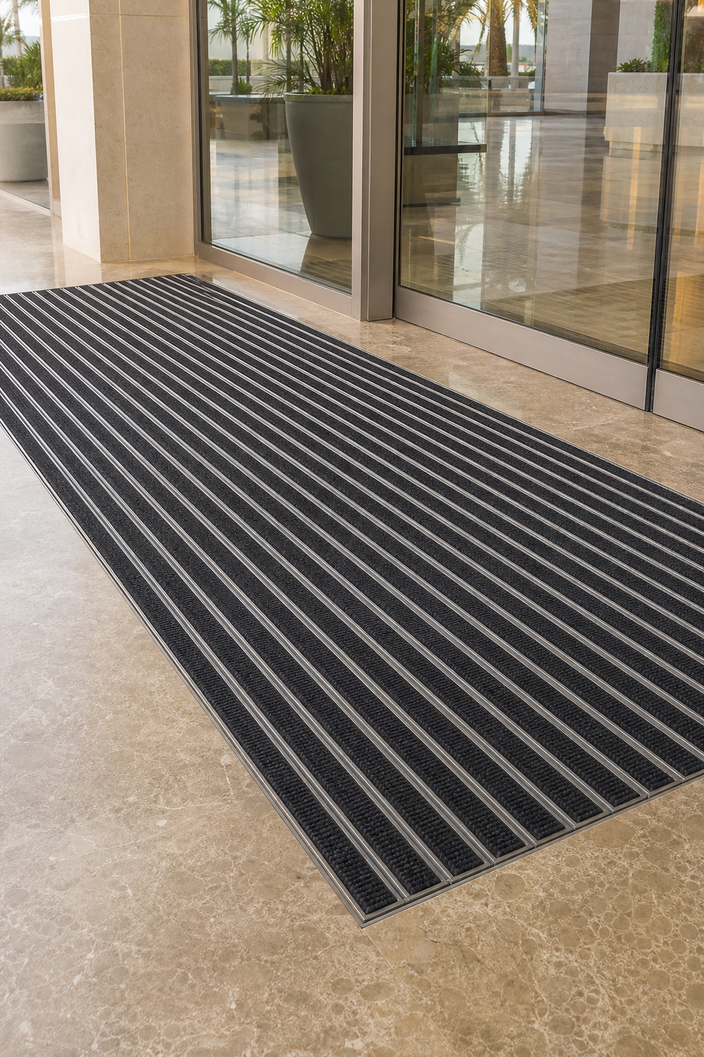 Recessed aluminium entrance matting set flush into a polished stone lobby floor