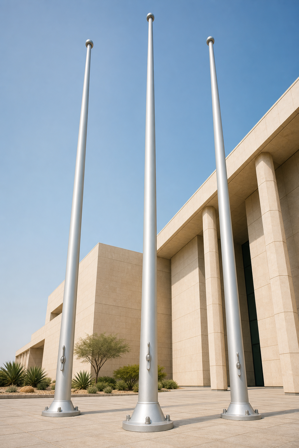 Tapered aluminium flag poles with cast base collars outside a stone-clad public building