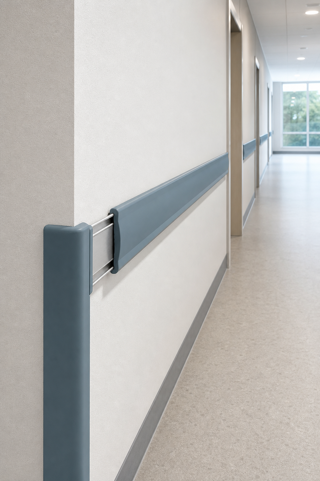 Rubber corner guard and wall guard rail on an aluminium retainer in a hospital corridor