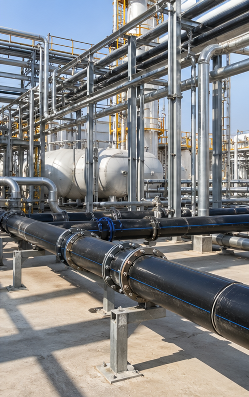 Industrial HDPE process water pipework in a plant utility corridor