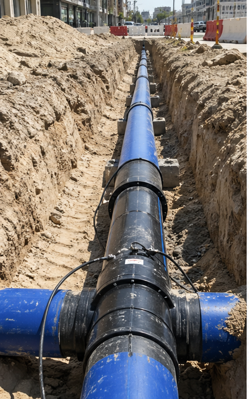 HDPE water pipe network installed in an infrastructure trench