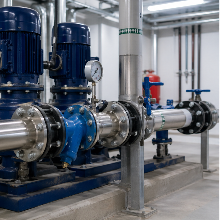 Hydronic HVAC accessories installed on a chilled water pump loop