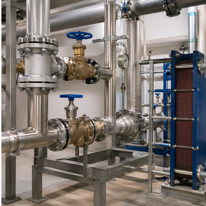 Hot water circuit with threaded and flanged HVAC accessories