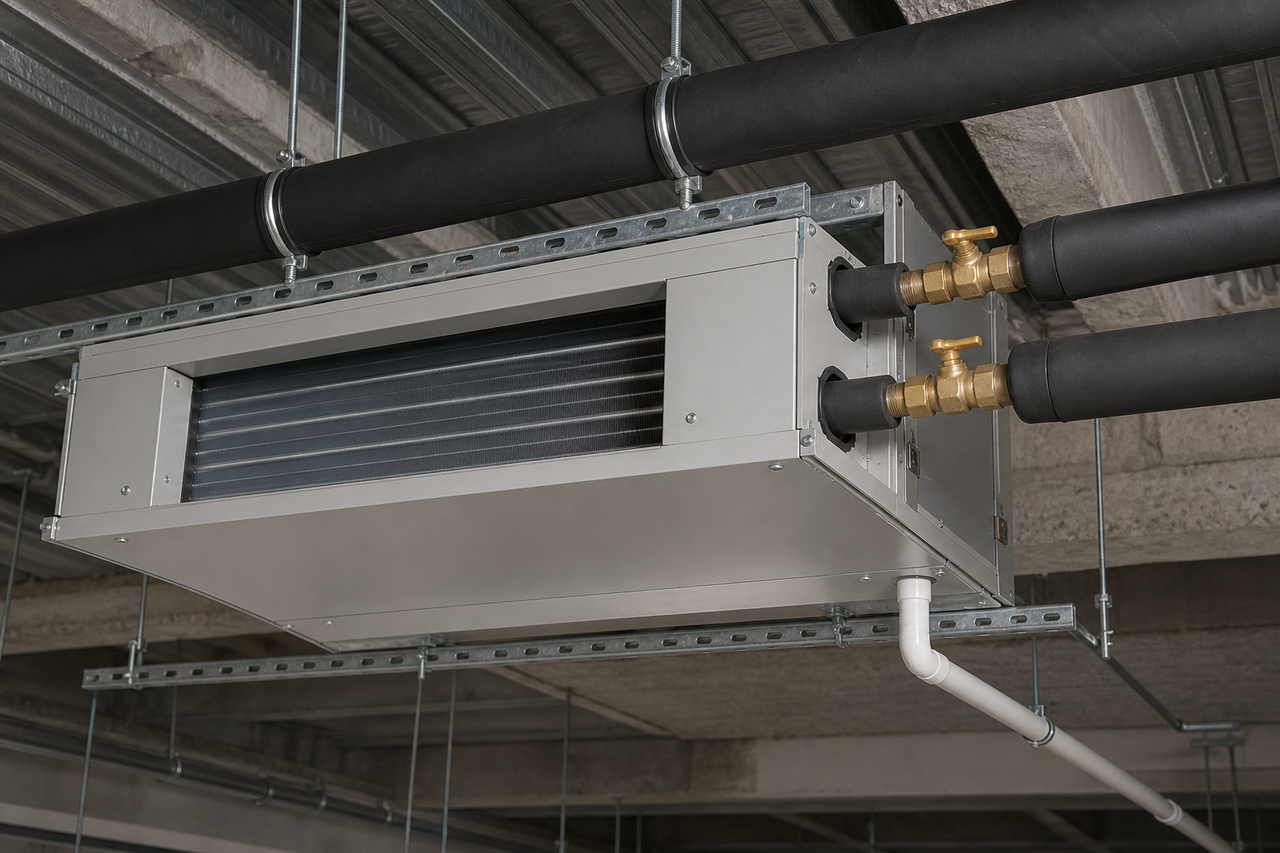 Multilayer composite fan coil unit connections in a ceiling void