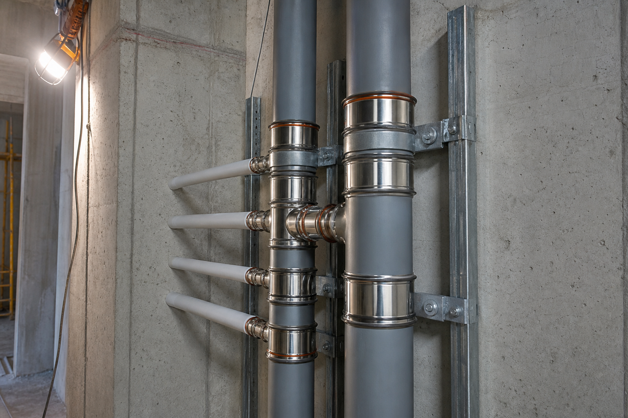 Multilayer composite riser mains assembled in a high-rise service shaft