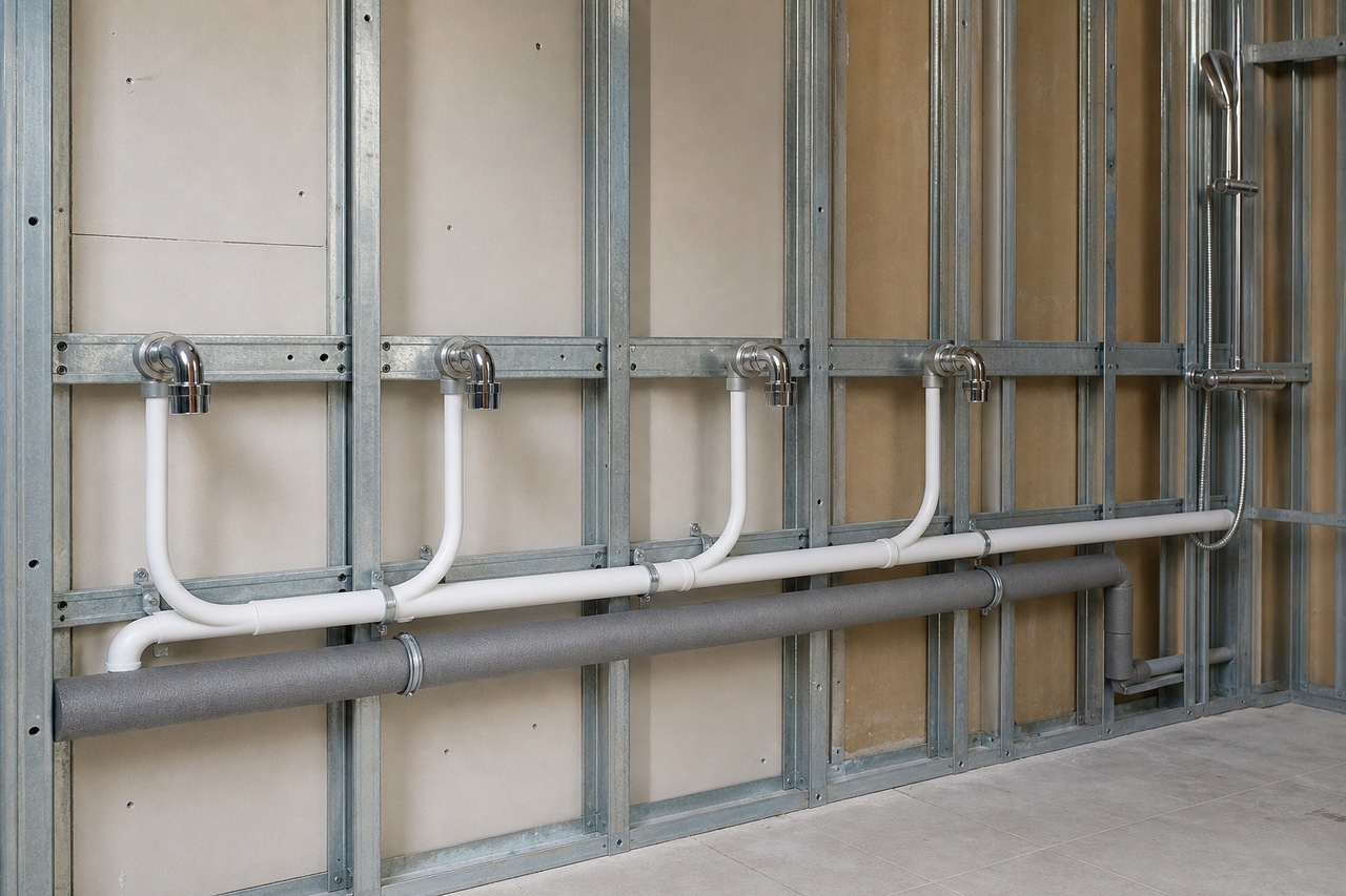 Multilayer composite pipework in a hotel bathroom service wall