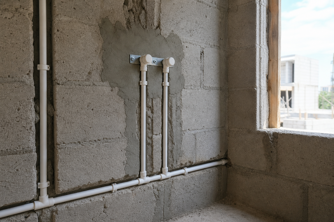 Multilayer composite pipe routed through a villa wall before plastering