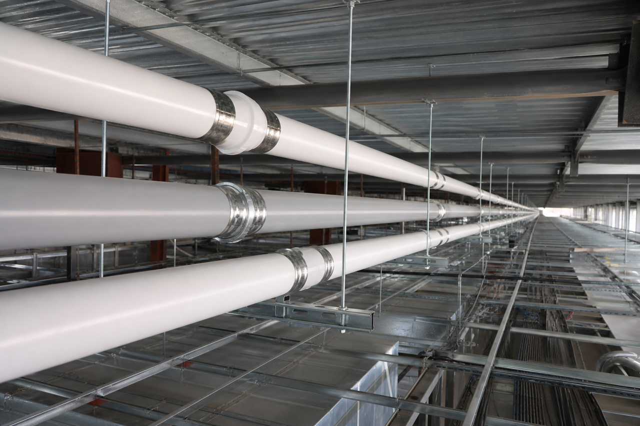 Multilayer composite distribution pipework above a retail ceiling void