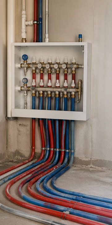 PEX manifold-fed hot and cold water piping in a villa construction project