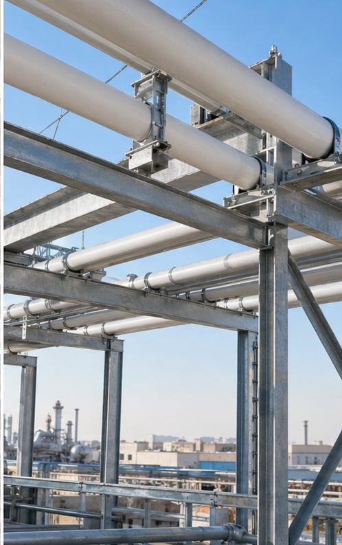Industrial pipe supports on a utility pipe rack