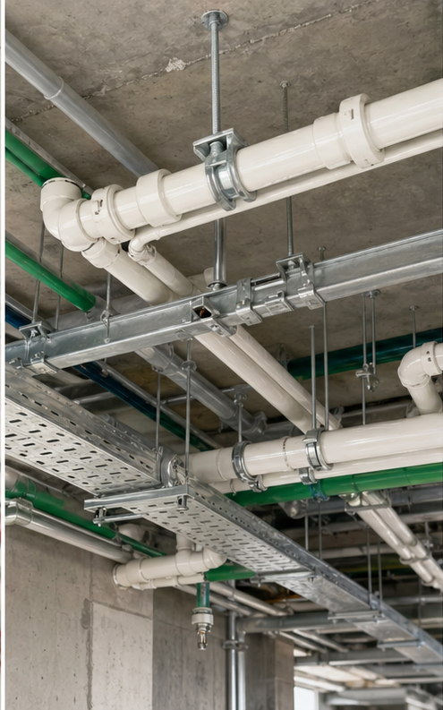 Domestic plumbing pipe supports in a construction ceiling void