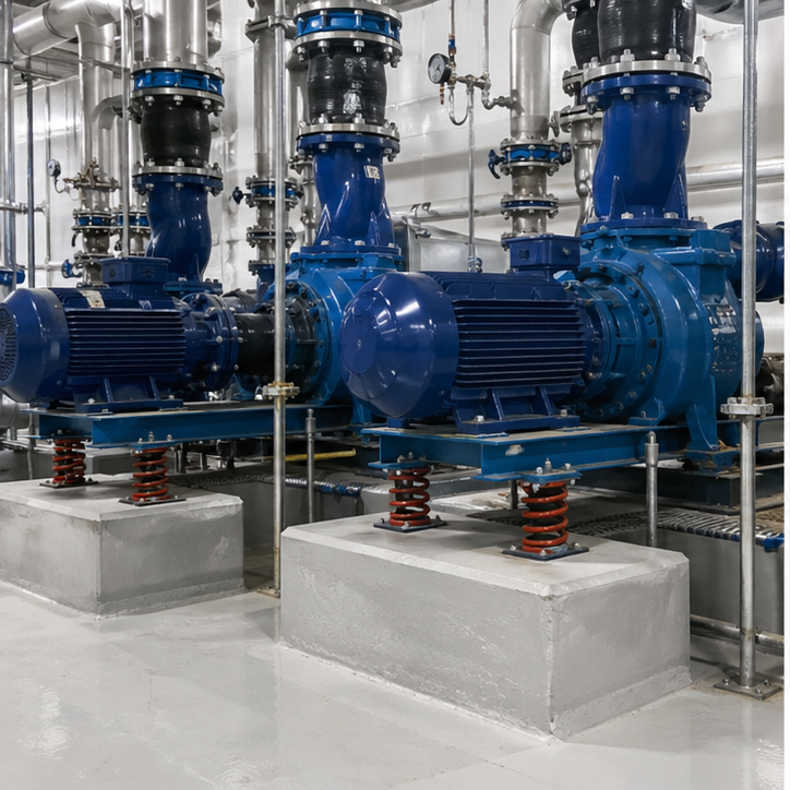 Mechanical plantroom equipment installed on vibration isolators