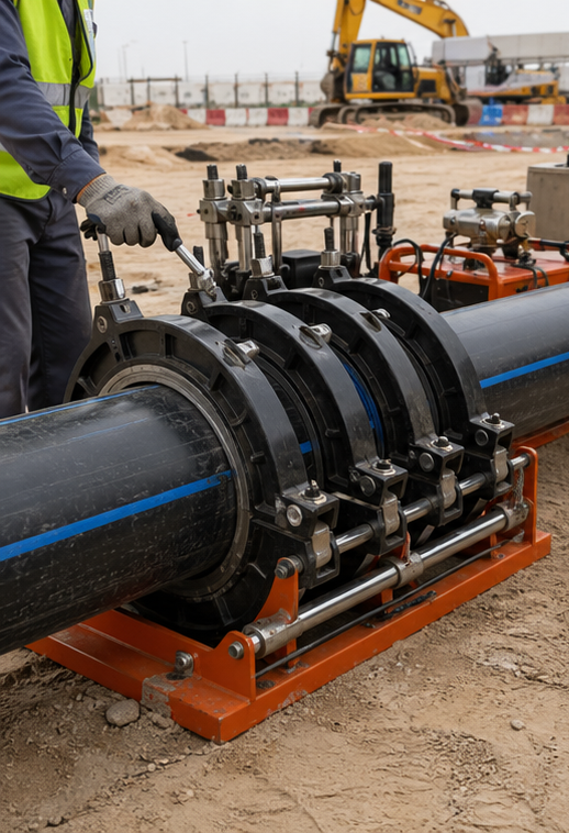 HDPE butt fusion machine joining pressure pipe on a construction site