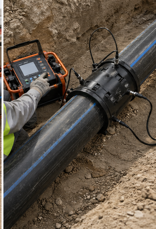 Electrofusion control unit connected to an HDPE fitting in a trench