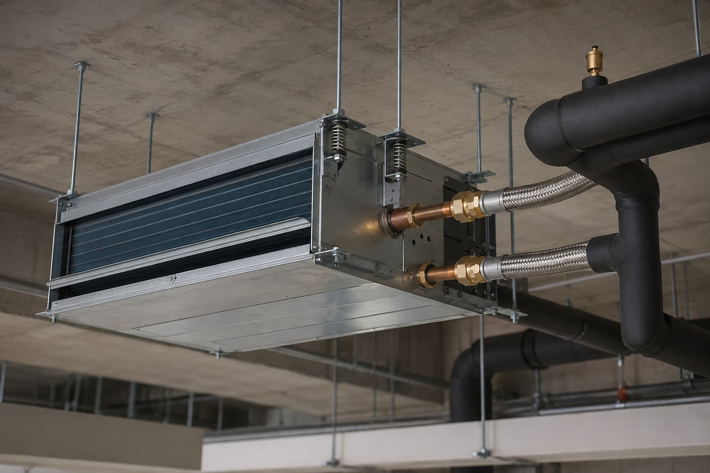 Ducted fan coil unit hung on spring hanger isolators with braided flexible connectors, dielectric unions, and an automatic air vent on the chilled water tails