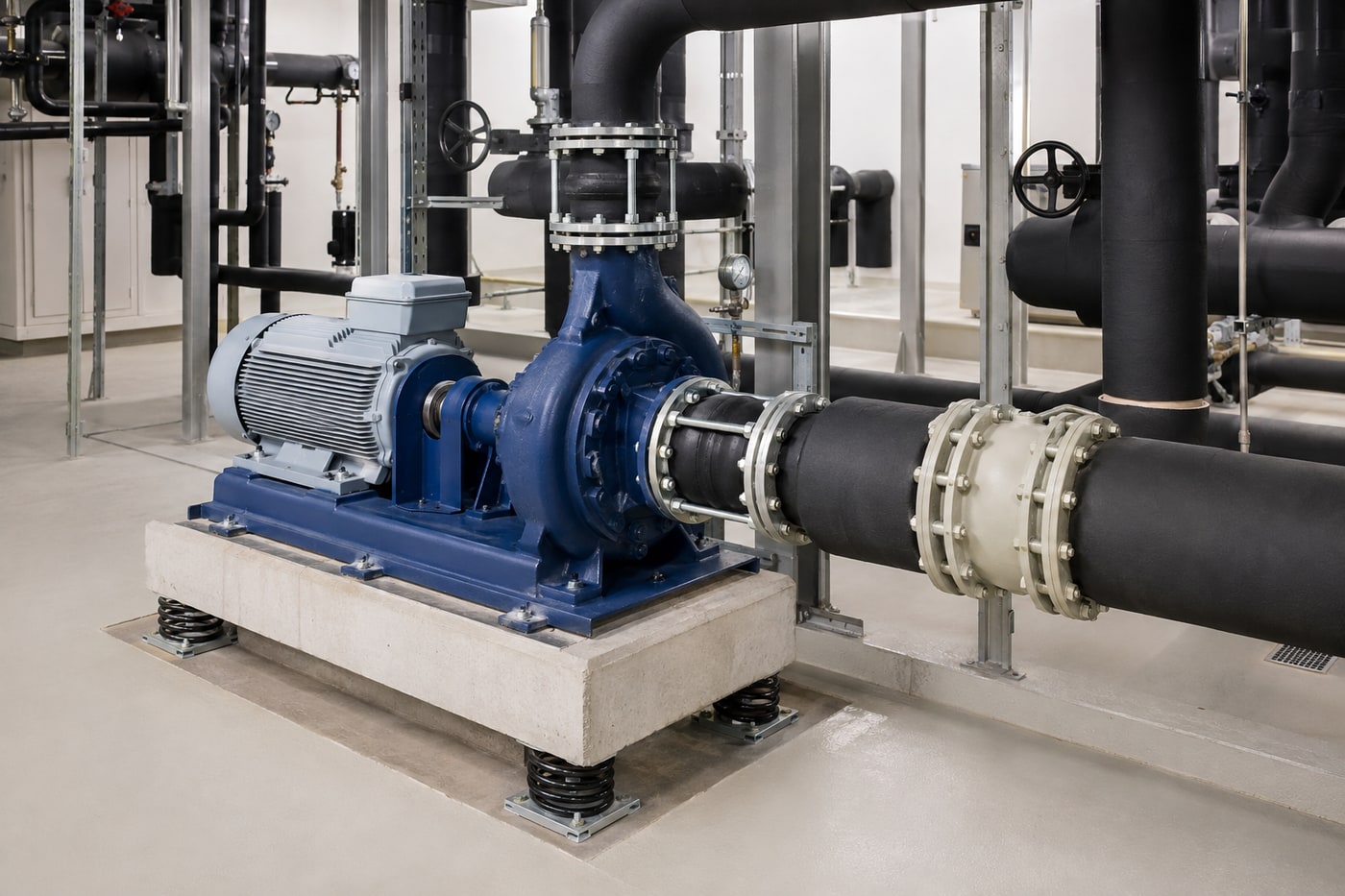 Chilled water pump set on an inertia base with flanged rubber bellows flexible connectors at suction and discharge and a flanged dielectric union on the steel header