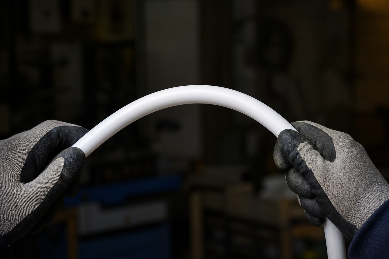 Gloved hands bending a white multilayer composite pipe that holds its curve
