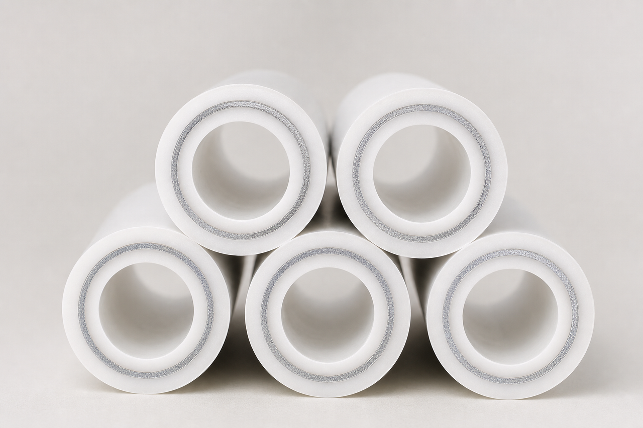 Macro view of cut multilayer composite pipe ends showing the aluminium ring inside the white pipe wall