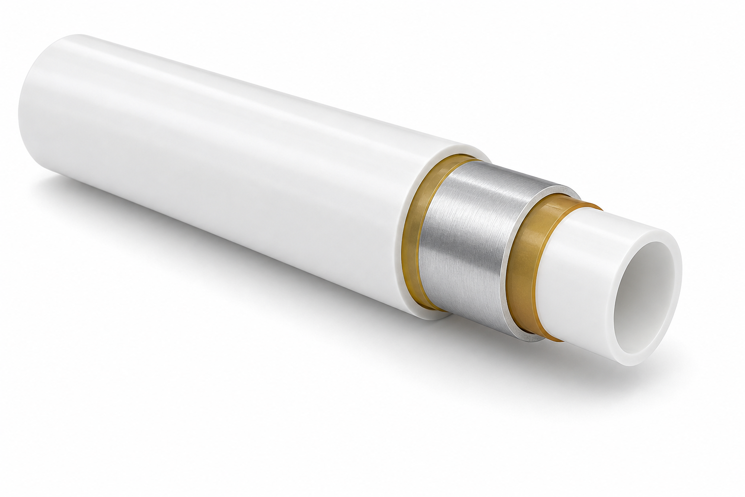 Telescoped cutaway of a multilayer composite pipe showing the five stepped layers: PE-RT, adhesive, aluminium, adhesive, PE-RT