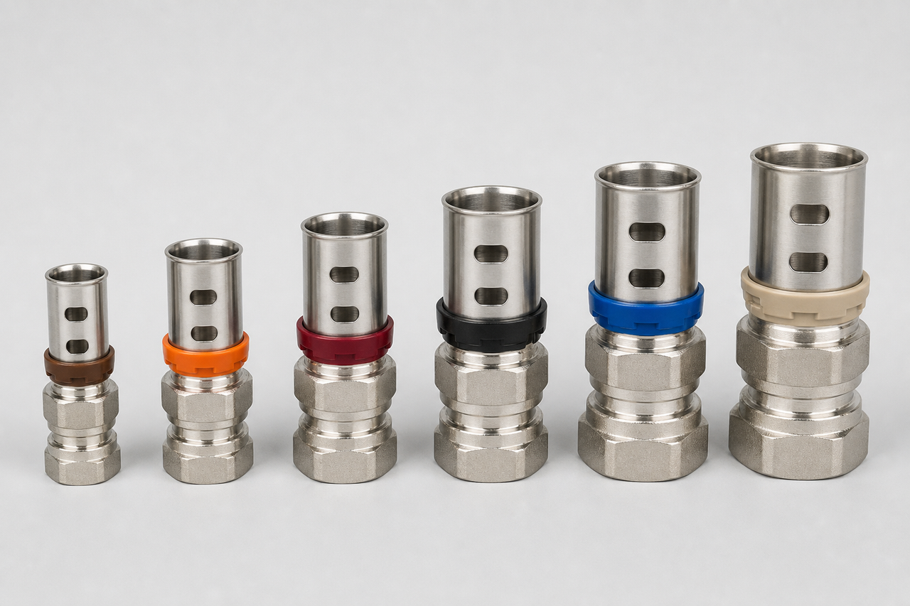 Colour-coded MLC metal press fittings from 16 to 50 mm