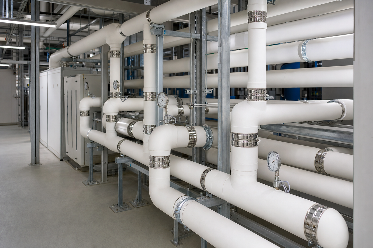 Insulated chilled water pipework with press fittings in a commercial plant room