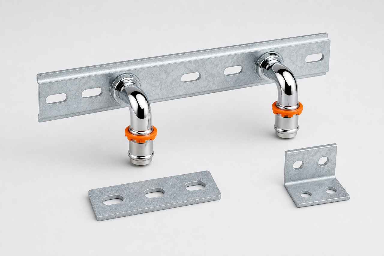 Prefabricated MLC tap elbows mounted on a rail for a bathroom wall