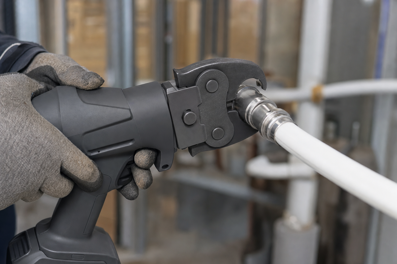 Press jaw seated on an MLC press fitting during a flame-free joint