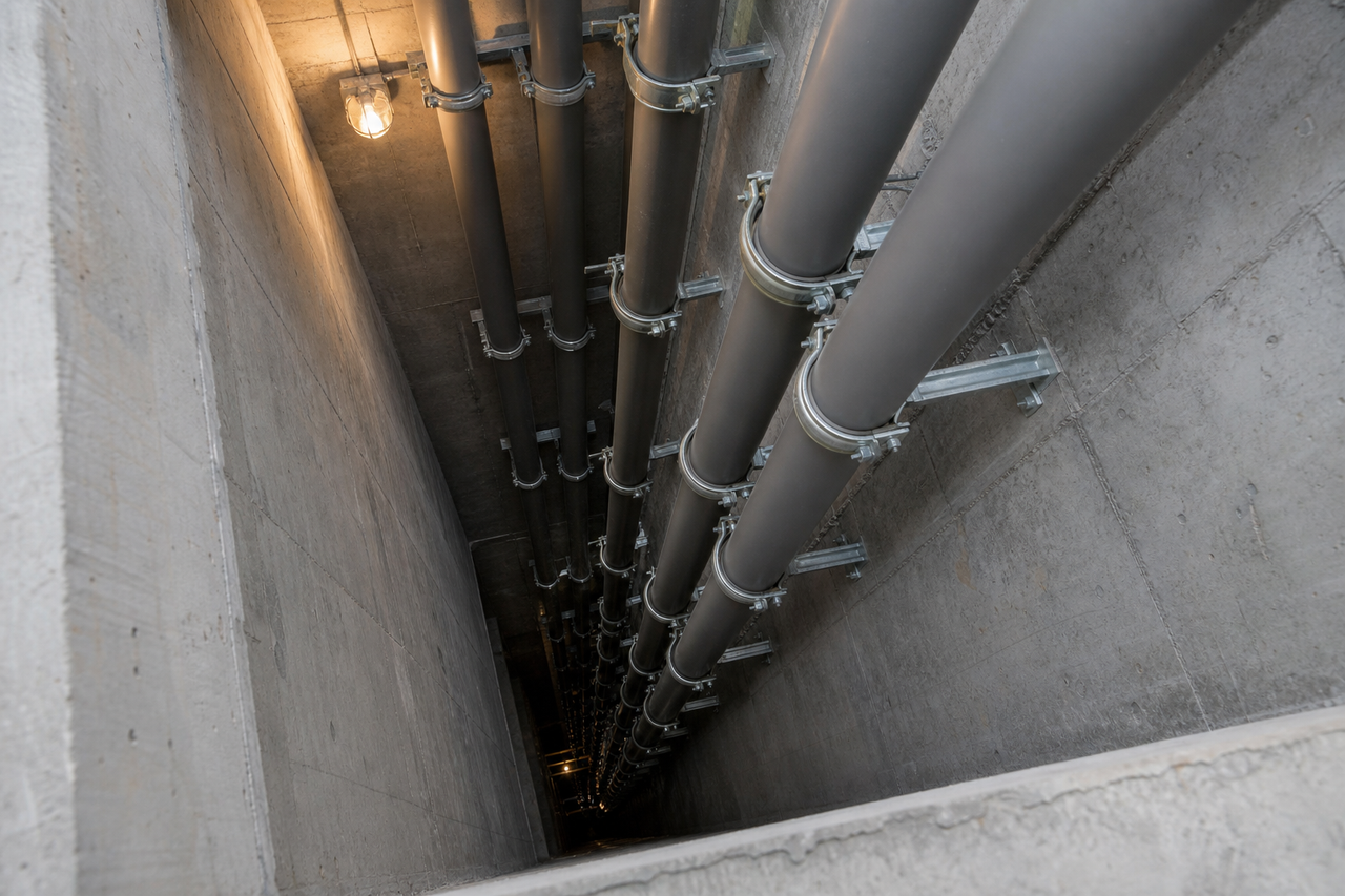 Vertical composite pipe mains clamped in a concrete high-rise riser shaft