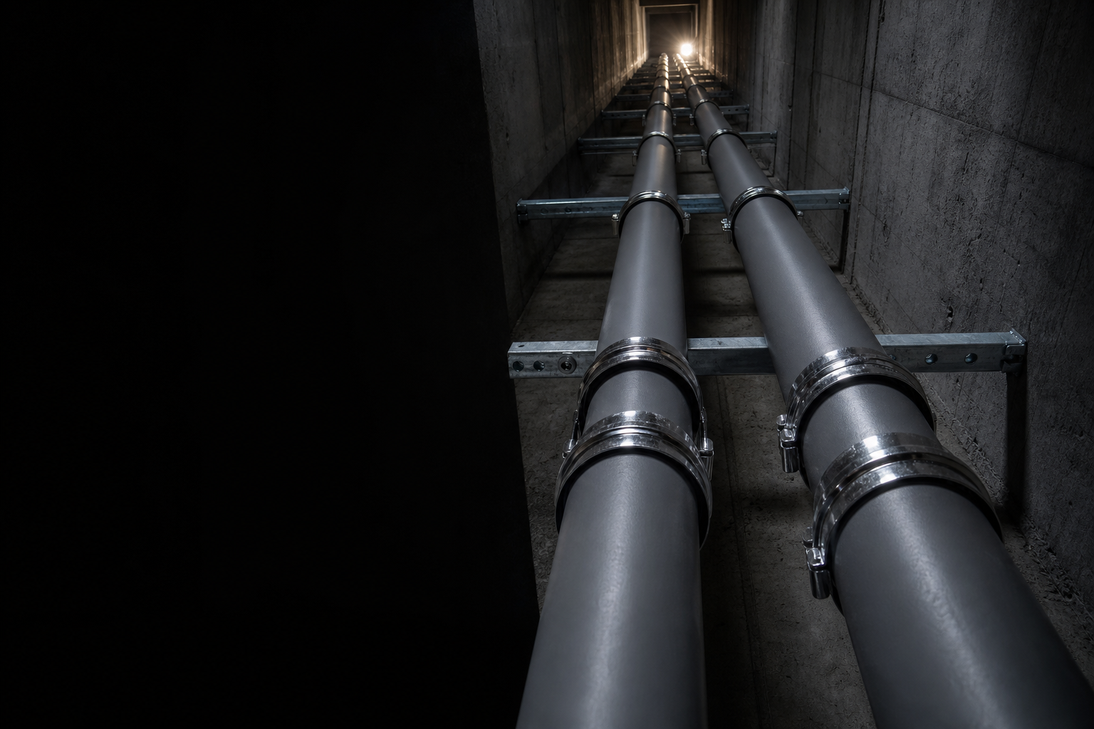 Dark high-rise riser shaft with two large composite pipe mains rising toward a work light