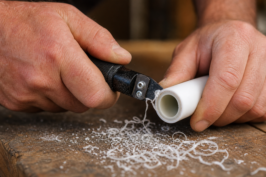 Hands bevelling the cut end of a white composite pipe at a workbench