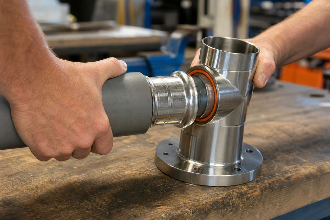 Pressed adapter being pushed into the base element of a riser fitting