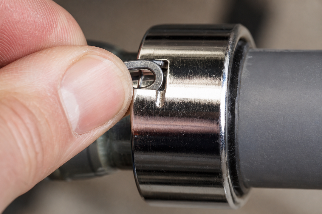 Thumb pressing a locking element into a riser fitting until it clicks