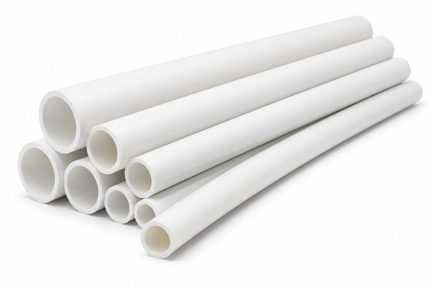 Bundle of straight white PE-Xa PEX pipe bars, 32 to 63 mm