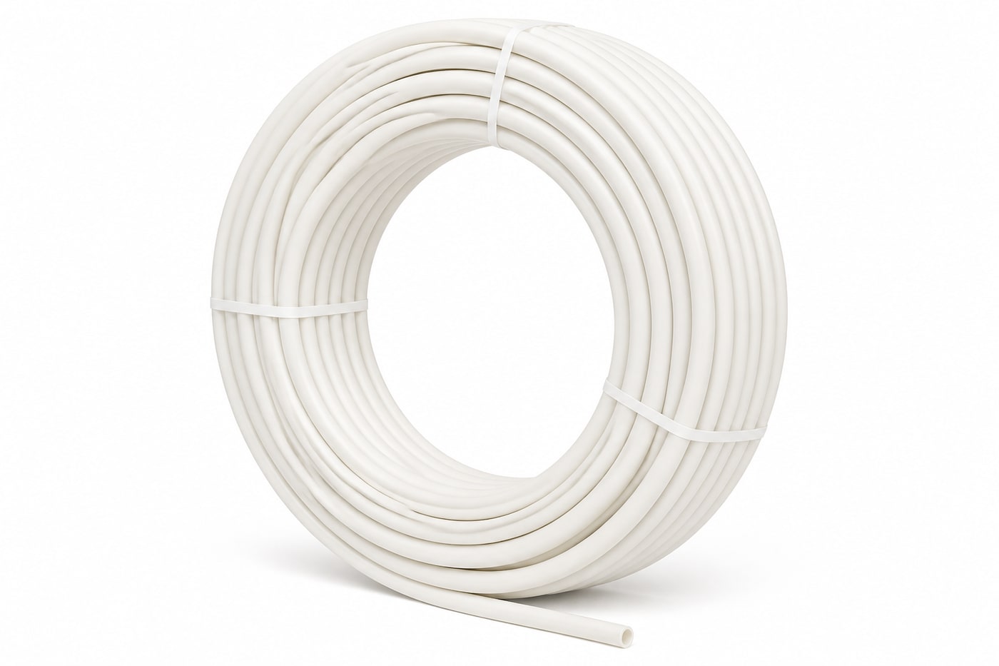Coil of white PE-Xa PEX pipe bound with straps