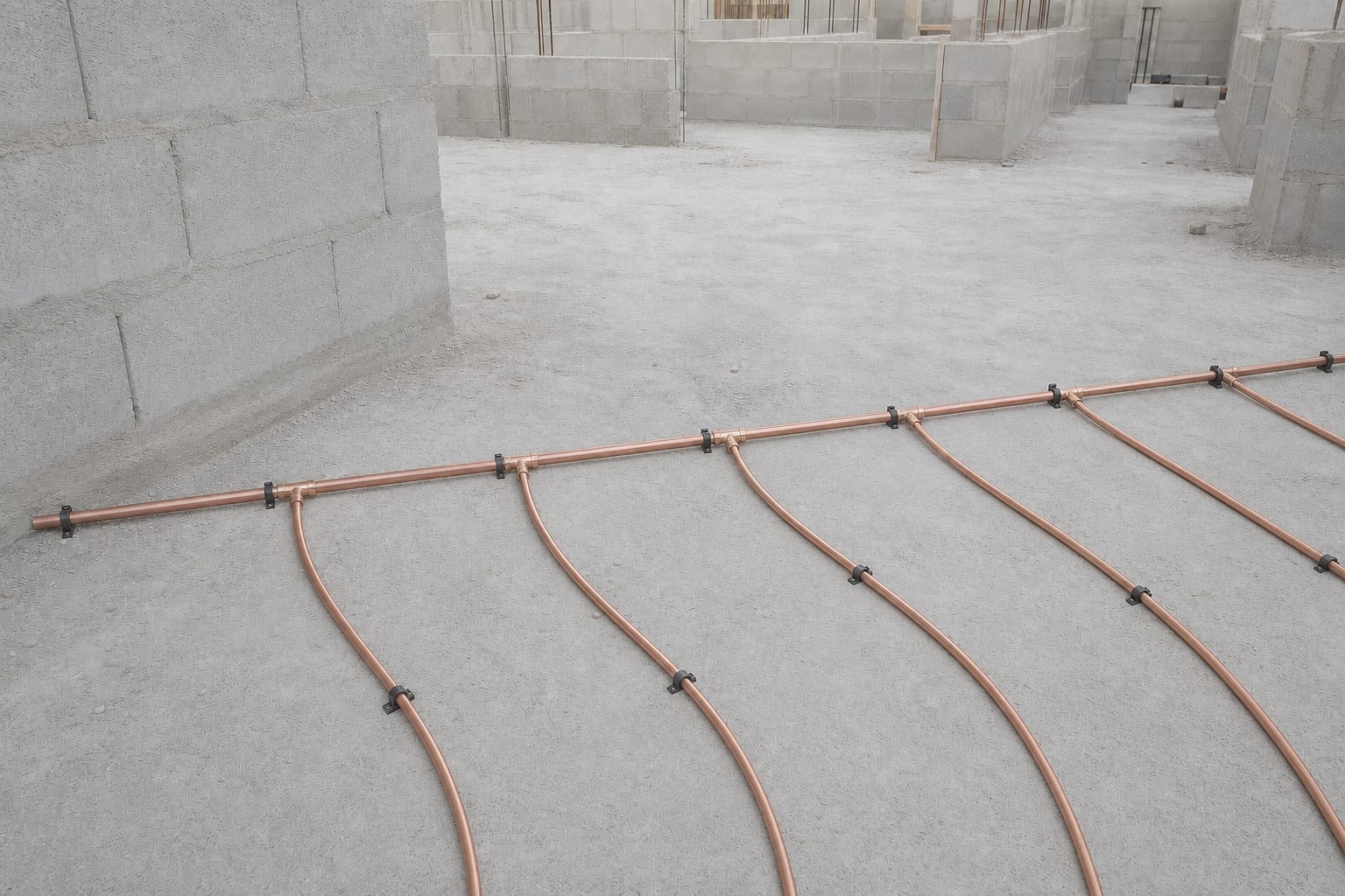 Copper main pipe across the same slab with six branch pipes coming off it through visible tee joints, each about to be concealed