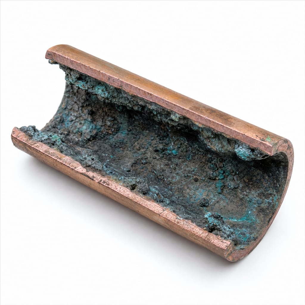 Macro view of a copper water pipe cut open lengthwise, its inner wall heavily pitted with blue-green chloride corrosion and scale