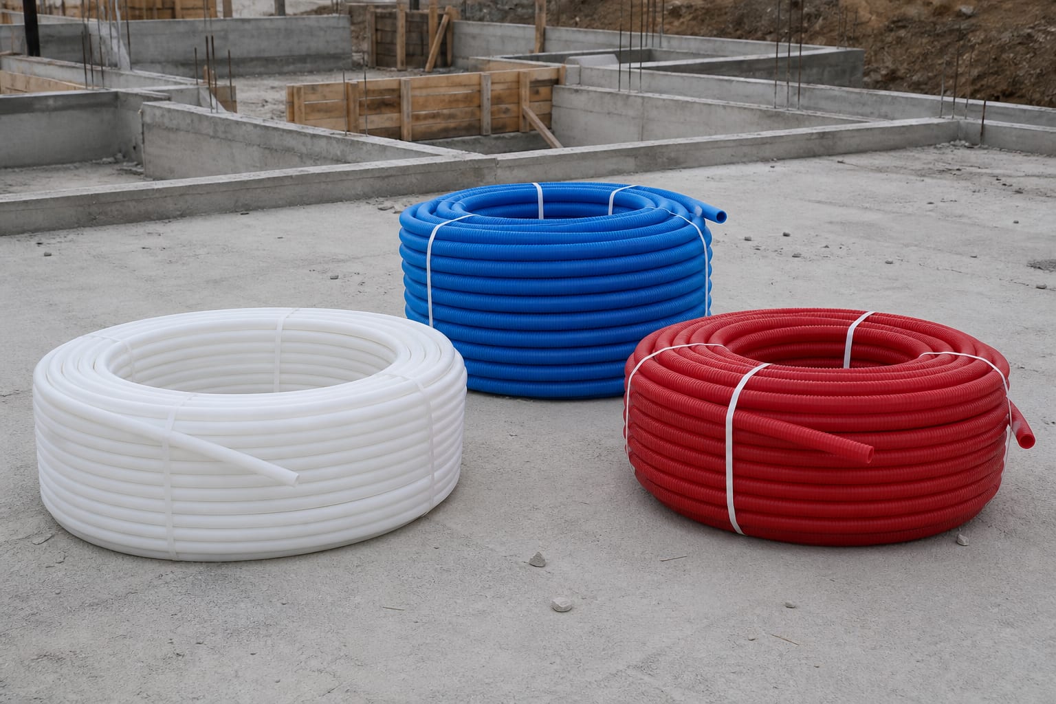 White, blue and red coils of PEX pipe resting on a bare concrete slab at a Kuwait villa site