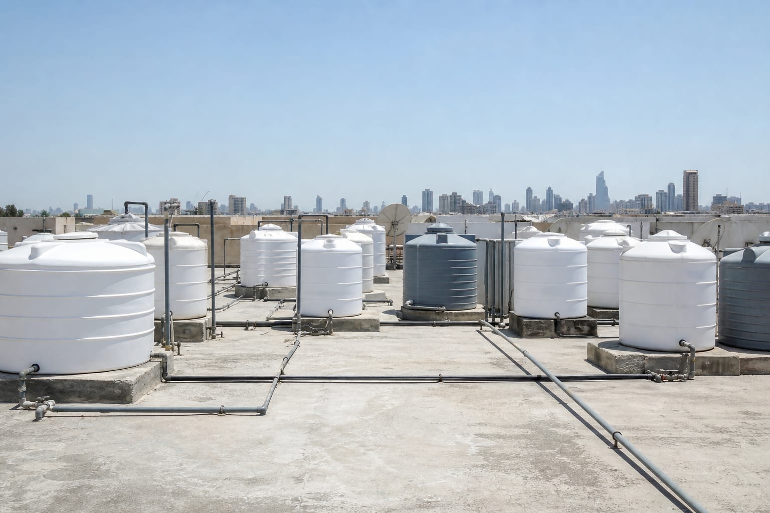 Rooftop water storage tanks on a Kuwait residential building at midday, with exposed pipework running between them