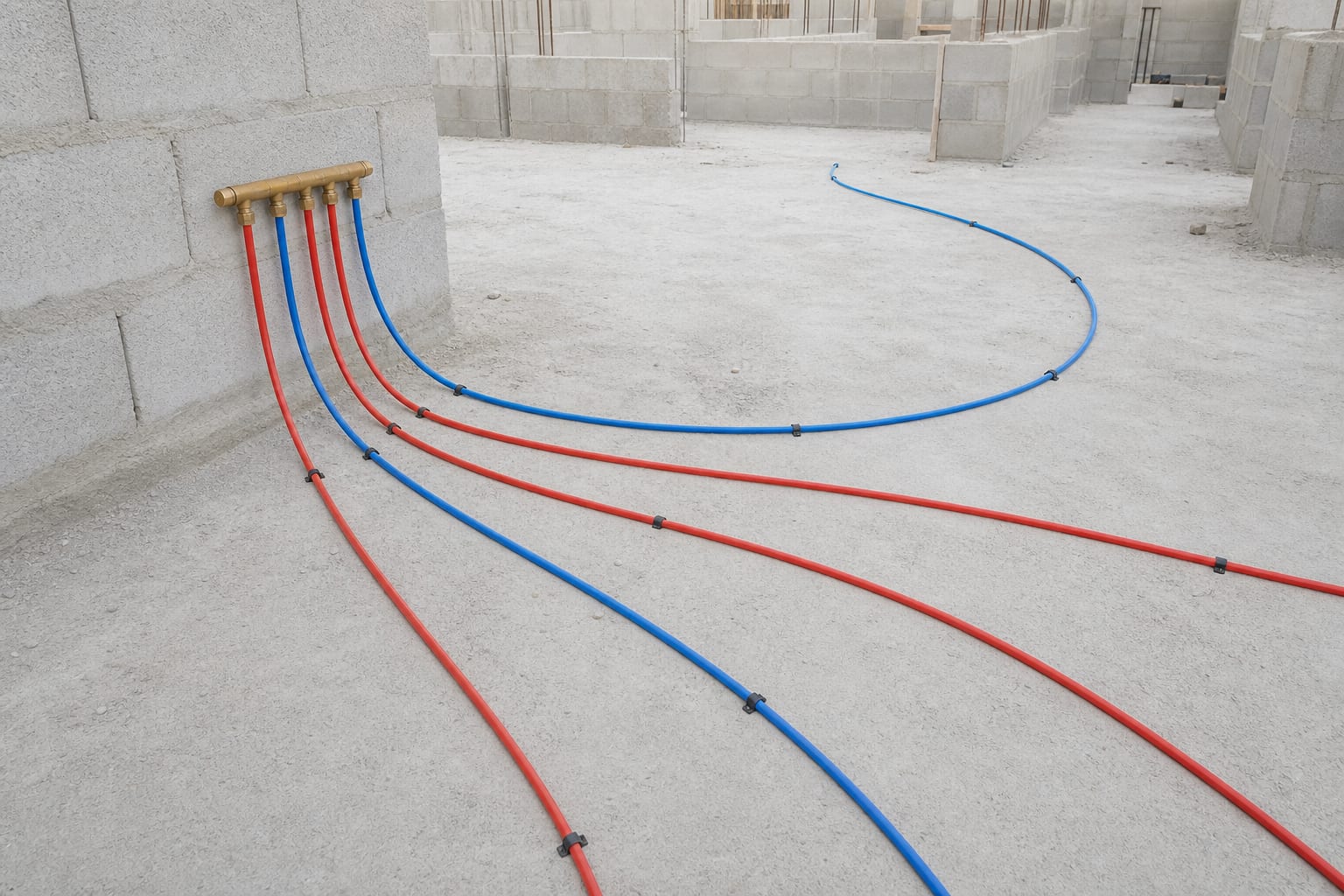 Brass manifold on a blockwork wall feeding five unbroken red and blue PEX home runs across a concrete slab, with no joints along the runs